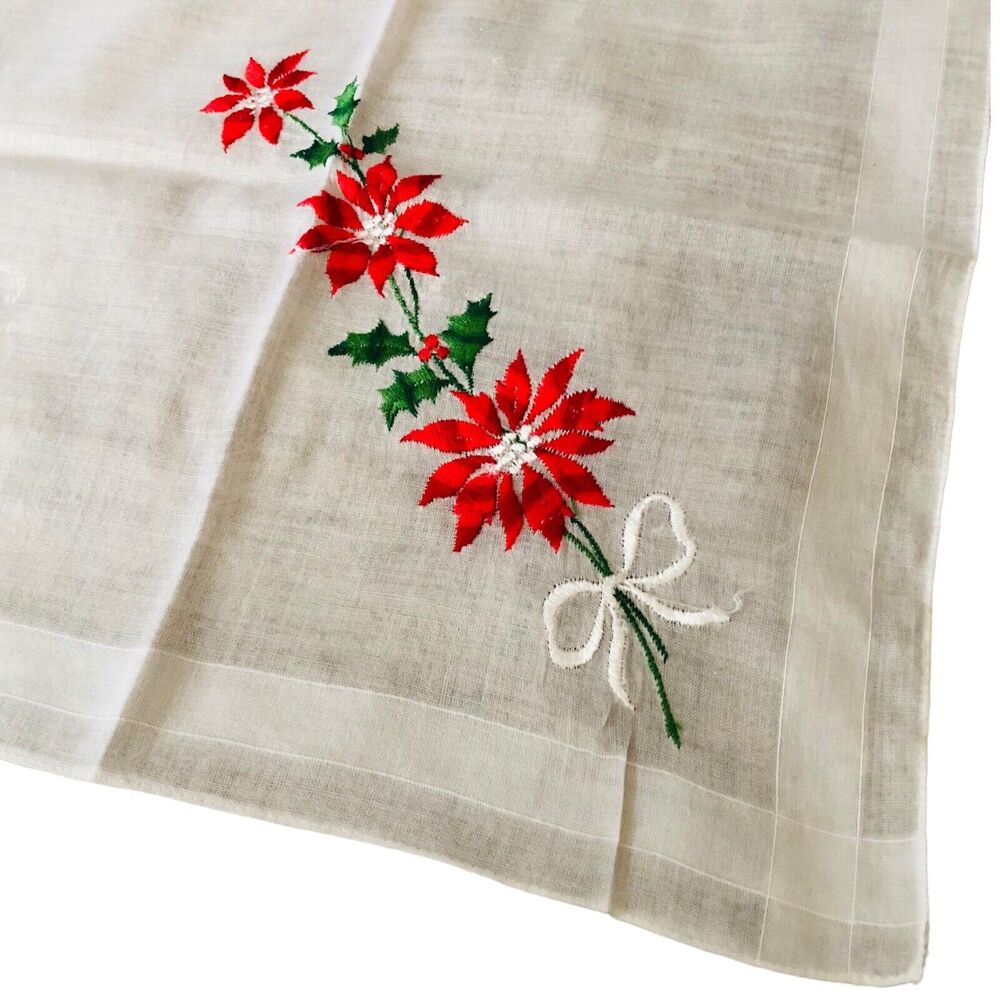 VTG Poinsettia Hankie Christmas Embroidered Handkerchief Linen Switzerland